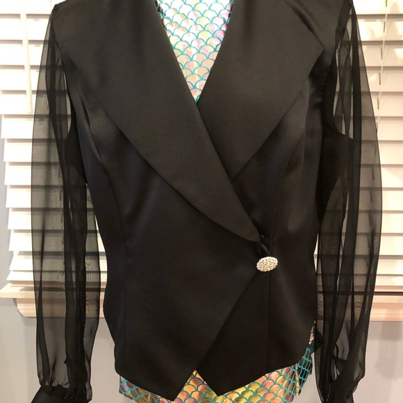 Vintage Black Satin Blazer With Sheer Sleeves - Picture 2 of 6